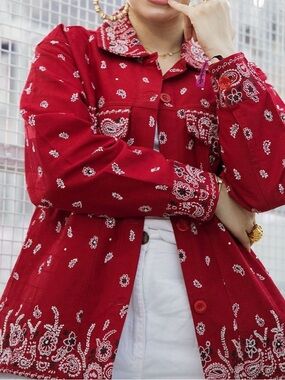 Quacker Factory Red Bandana Print Jacket Trucker Style Beaded Y2K Revival L